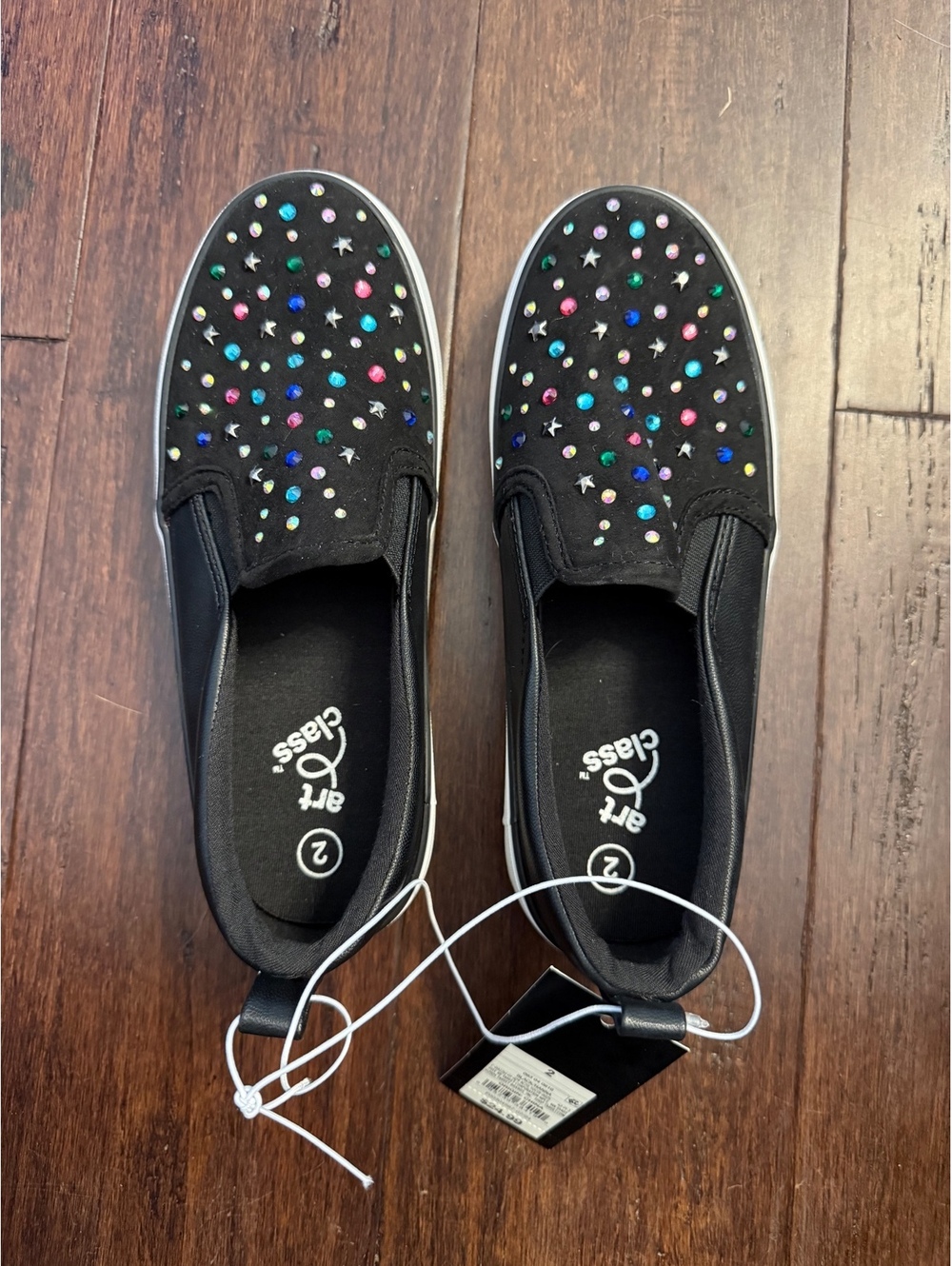 Art Class Girls' Black Slip-On Sneakers with Colorful Studs, Size 2